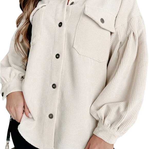 Neutral Beige Corduroy Shacket Dropped Shoulder Balloon Sleeves Size L - Picture 5 of 9